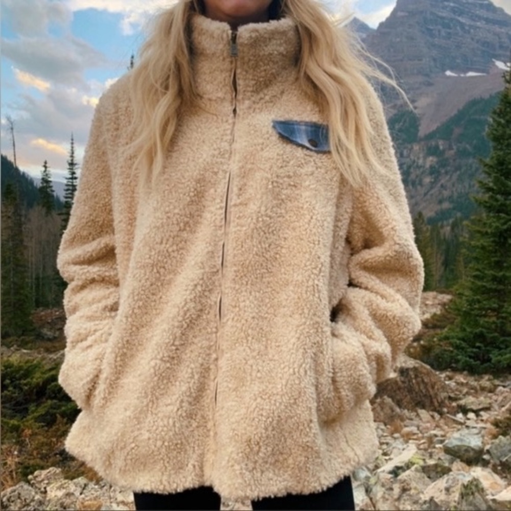 NWOT Pendleton Wool Sherpa Fleece Full Zip Jacket Cream Tan Blue Plaid Size XL